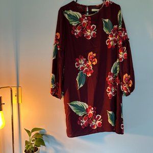 LOFT Wine-colored floral long sleeve dress